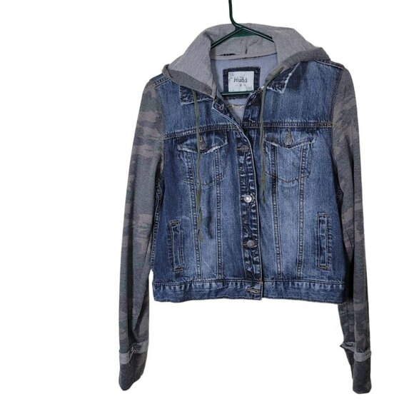 Mudd Jean Jacket Distressed Sleeves Pockets Button Juniors Womens Medium - Picture 1 of 12